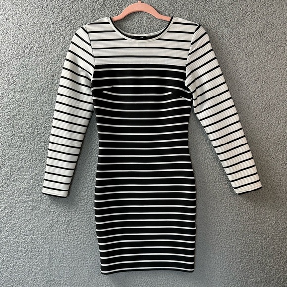 H & M Bodycon Dress Women’s Size XS Black and White StripedLong Sleeved Midi - Picture 1 of 11